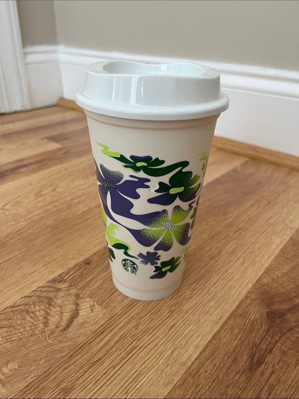 Starbucks White Travel Tumbler with Purple & Green Floral Design